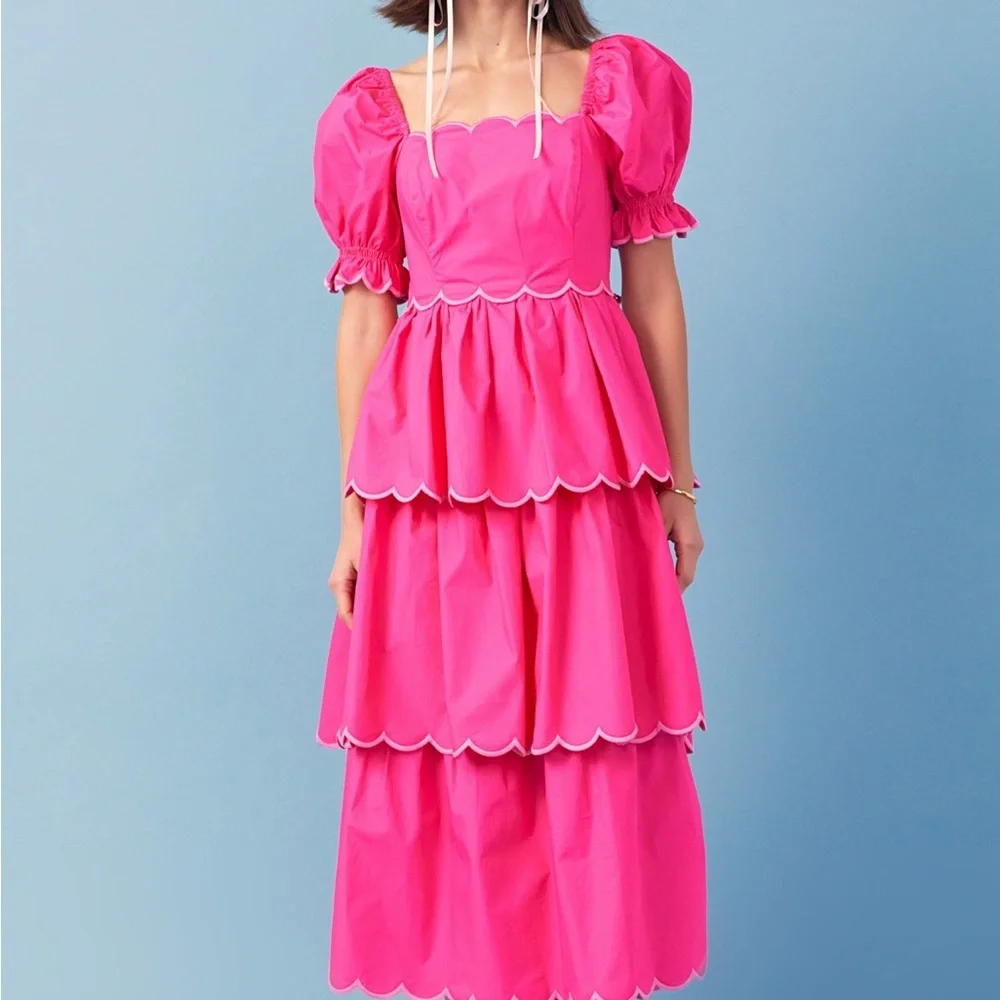 English Factory Pink Tiered Maxi Dress with Puff Sleeves - Picture 1 of 5